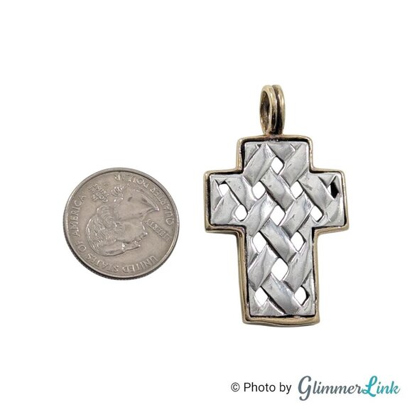 Vintage Two Tone Cross Woven Lattice Sterling Silver Gold Plated Pendant - Picture 4 of 9
